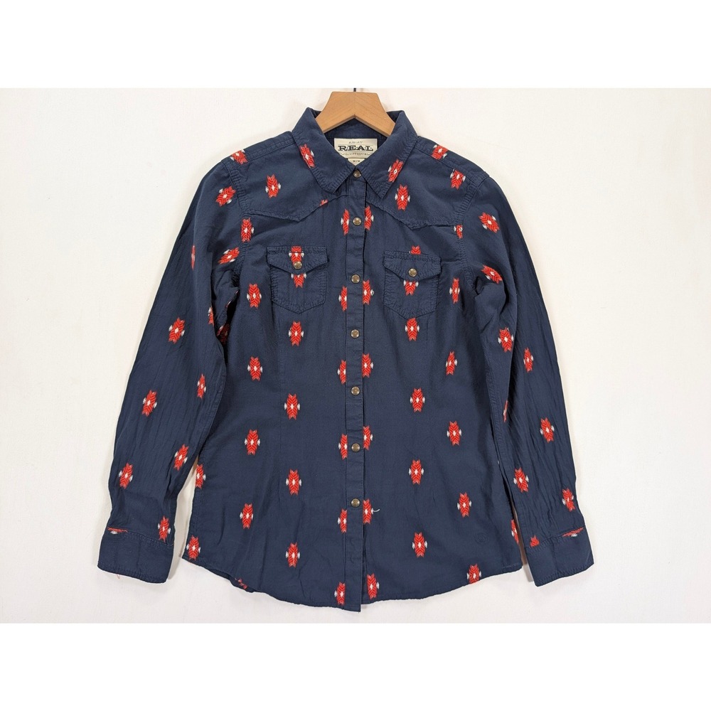 Ariat Real Womens Navy Blue Southwestern Embroidered Western Snap Shirt Medium